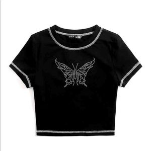 Cropped black bedazzled butterfly top